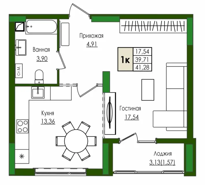 Планировка: Однокомнатная квартира, 4 этаж, 41,28 м²