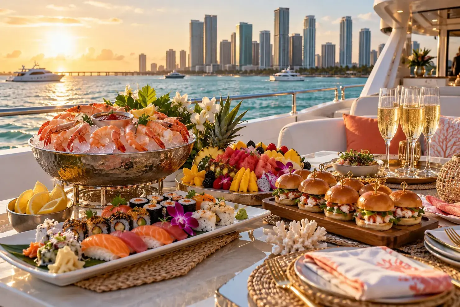 Yacht catering in Miami: shrimp on ice, sushi and sliders set out on the deck, skyline behind