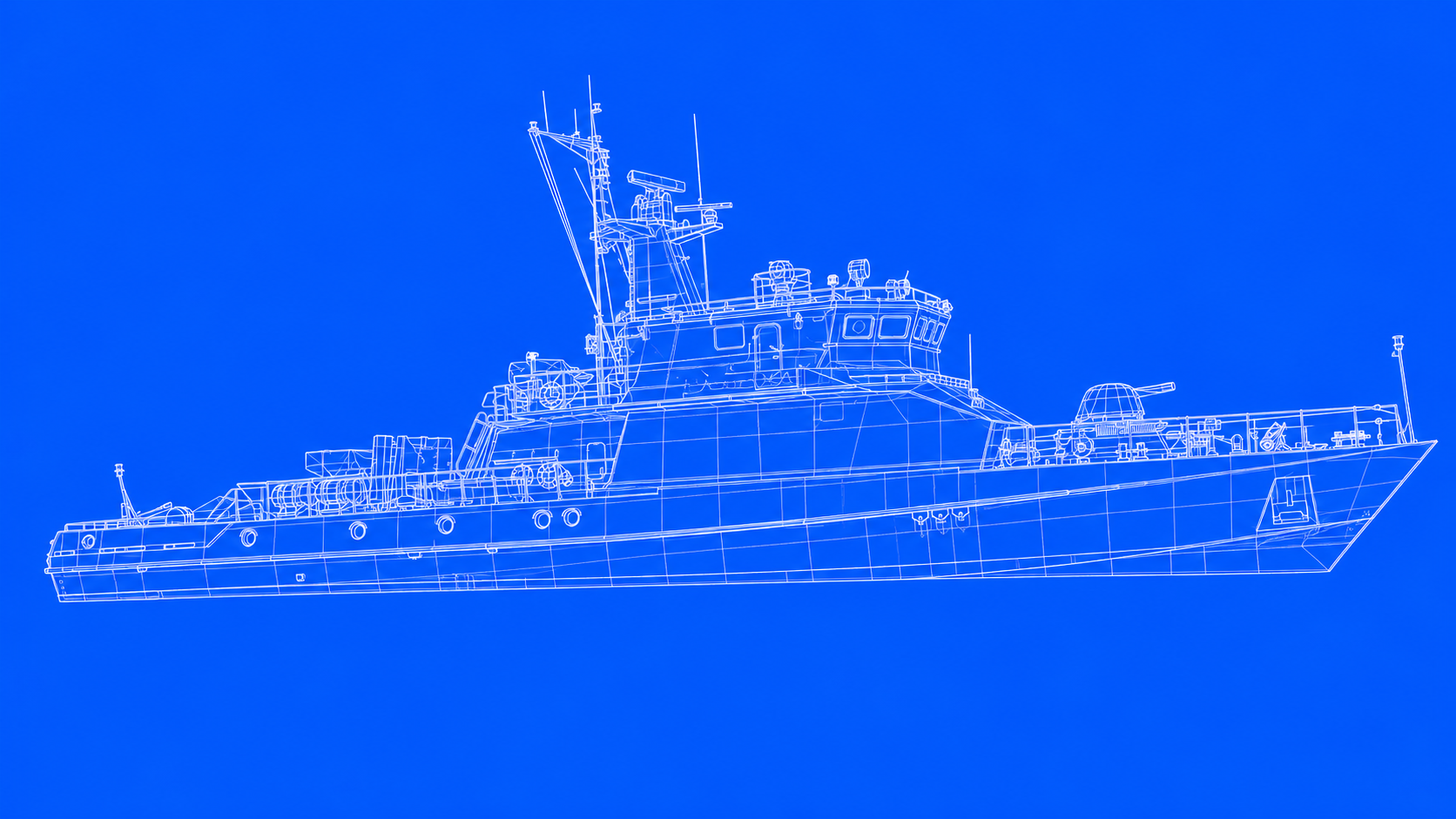 Каркасная схема военного корабля в профиль на синем фоне