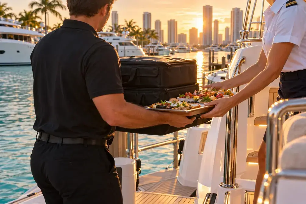 Yacht catering in Miami: trays and sealed food boxes handed to the yacht crew at the slip, sunset over the marina