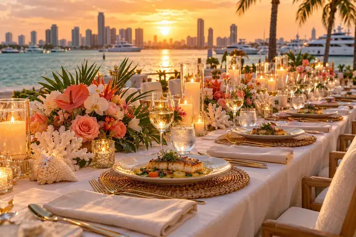 Wedding catering: plated dinner on a long table with flowers and candles by the water