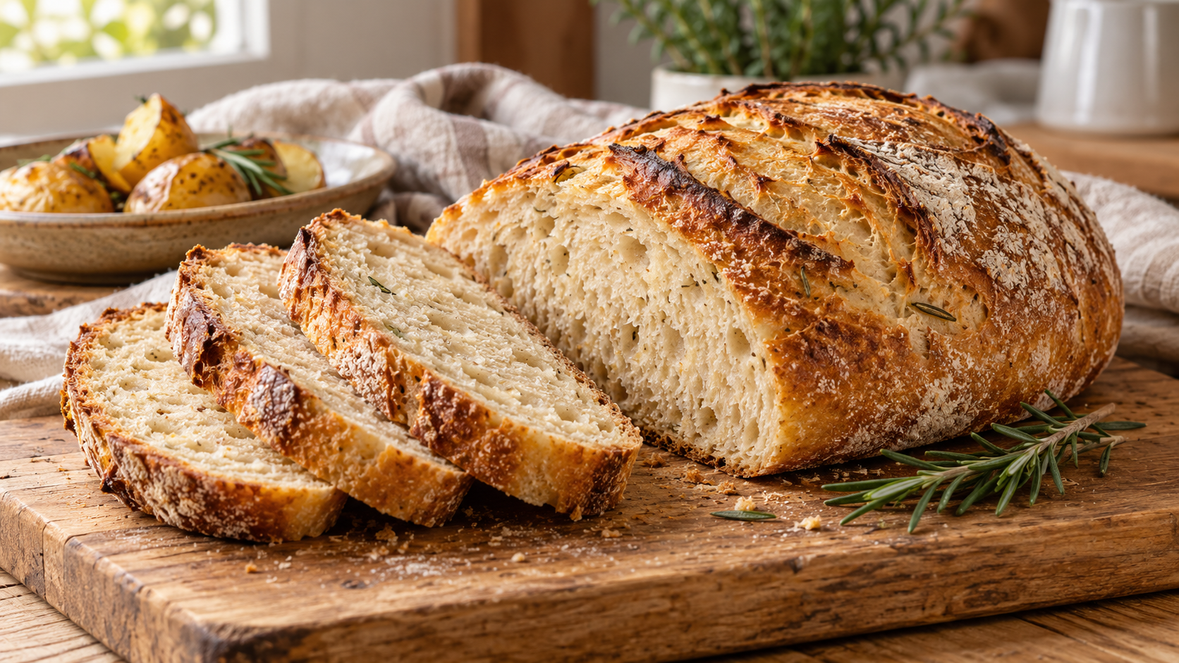 Пшеничный хлеб на закваске с печёным картофелем и розмарином