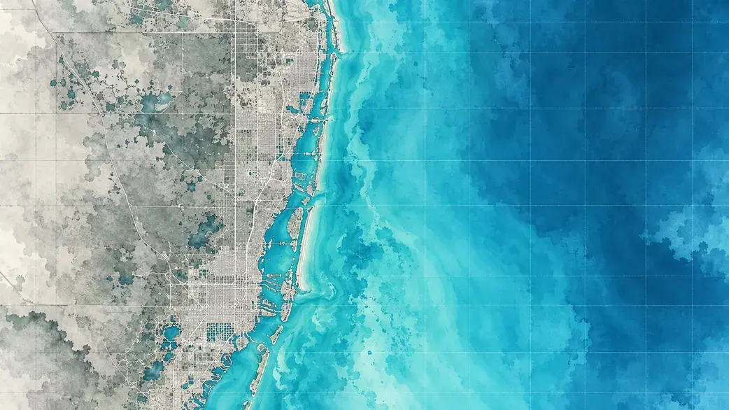 Watercolor map of the South Florida coast from Palm Beach to Miami