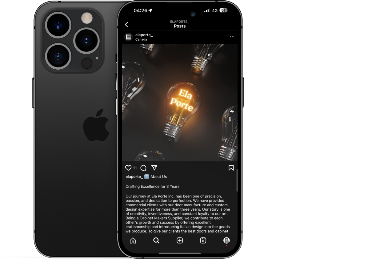 手机上显示的 ElaPorte Instagram 主页