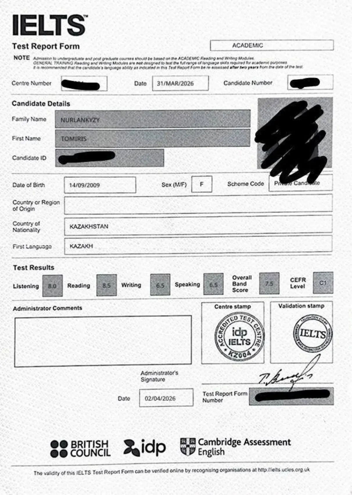 Сертификат IELTS, Томирис