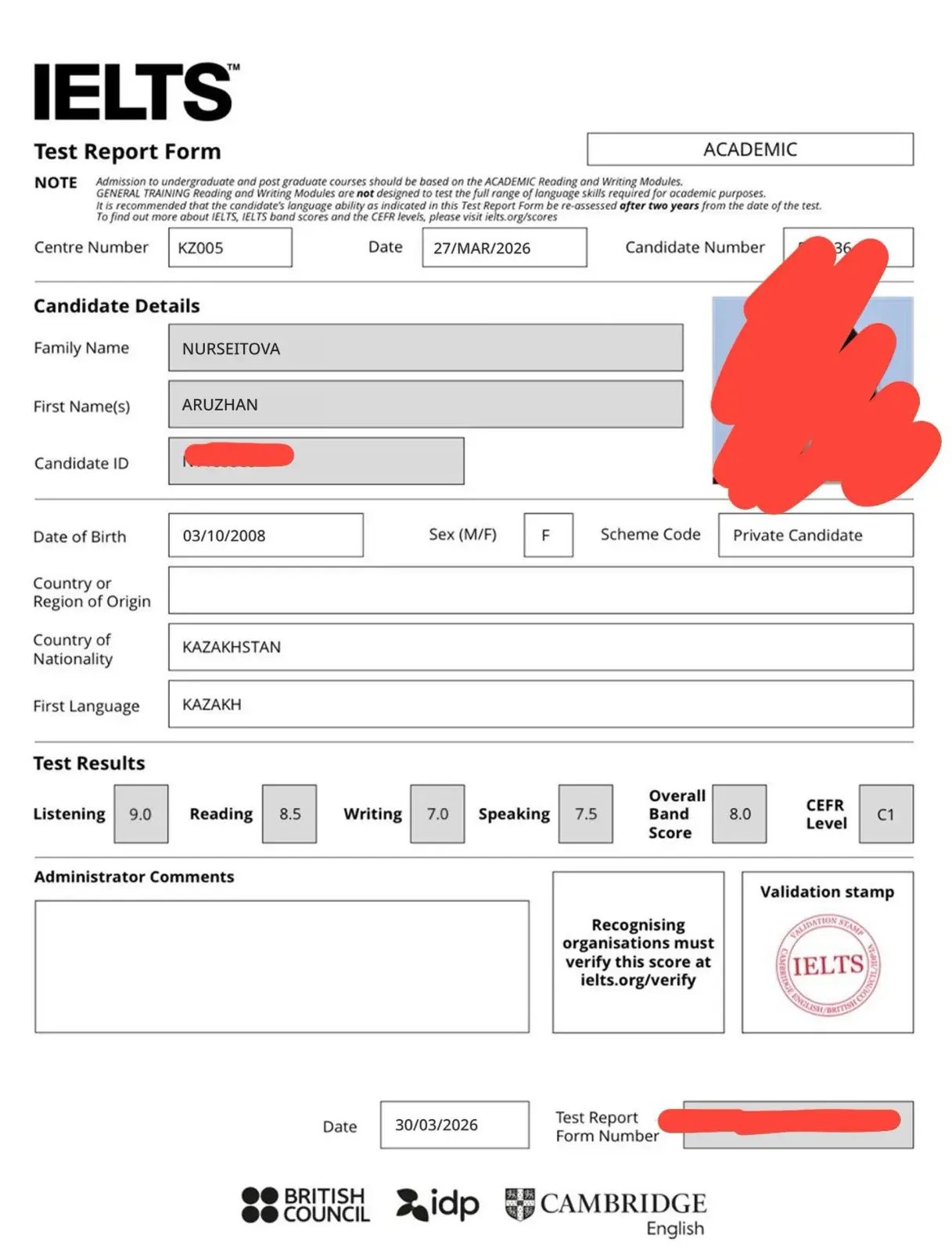 Сертификат IELTS, Аружан