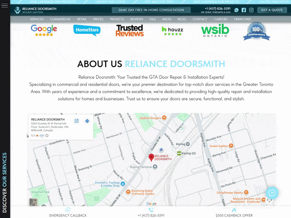 Animation de la section À propos de Reliance Doorsmith avec les avis et la carte de la zone desservie