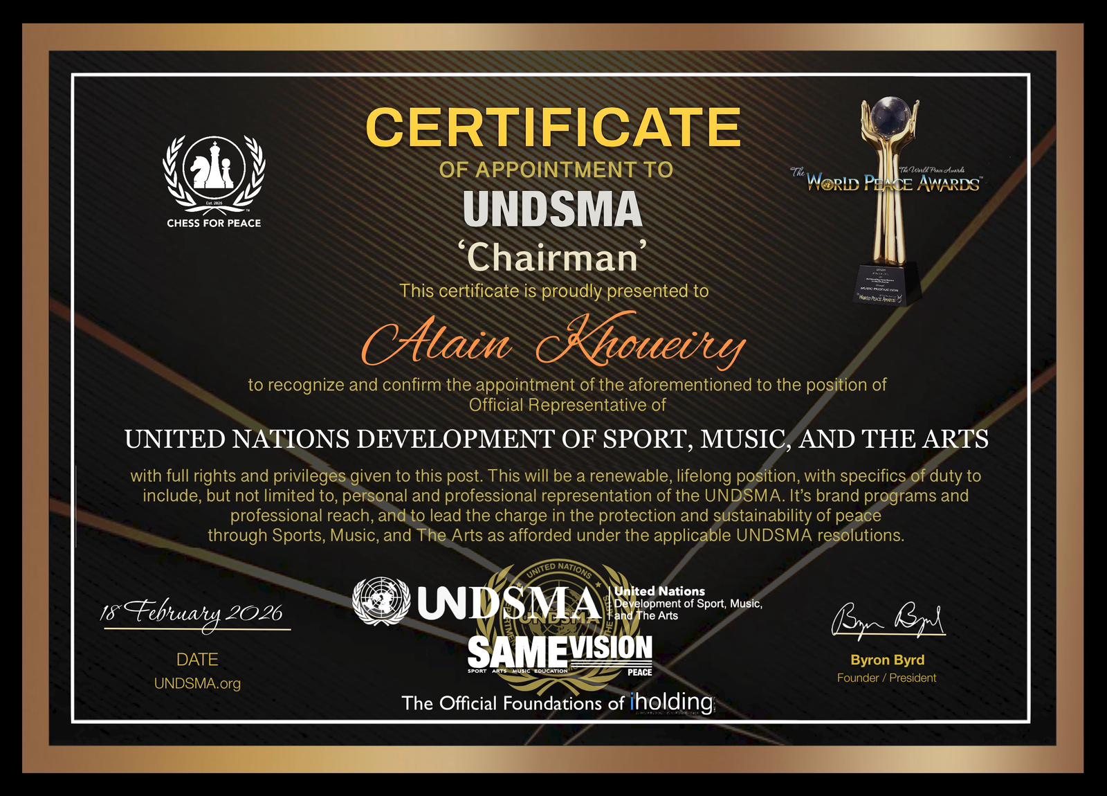 UNDSMA certificate of appointment of Alain Khoueiry as Chairman, 18 February 2026