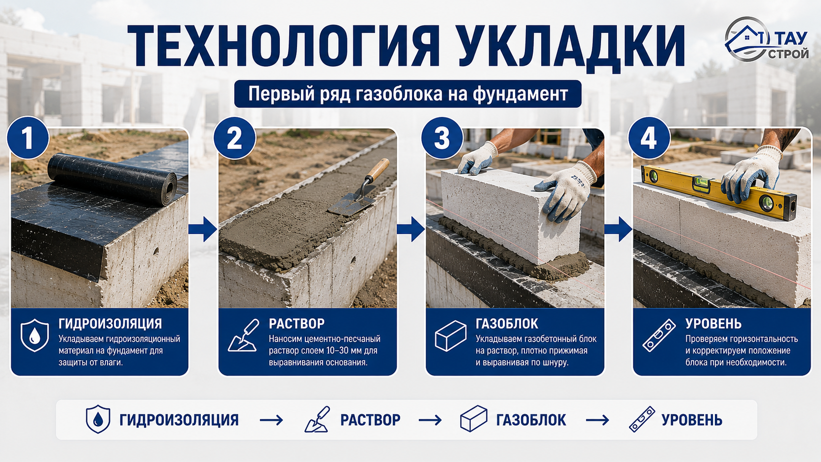 Укладка первого ряда газобетона