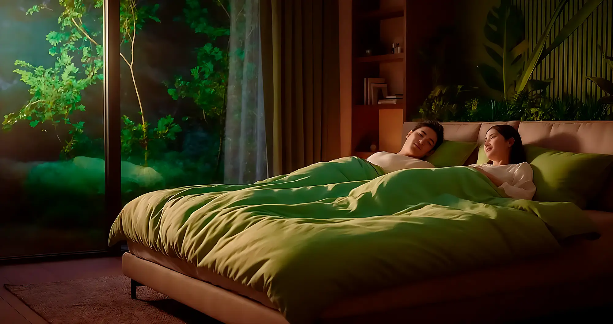 Пара спокойно отдыхает на кровати с мягким зелёным постельным бельём в уютной современной спальне с панорамным окном и видом на зелёные деревья ночью. Атмосфера уюта, свежести и гармонии подчёркивает философию бренда Райтон — комфортный и здоровый сон на ортопедических матрасах Райтон в Казахстане."`