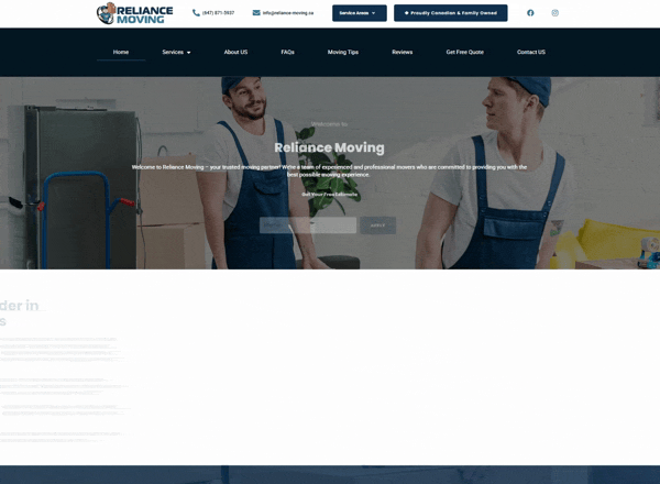 Animated home page of Reliancemoving.ca
