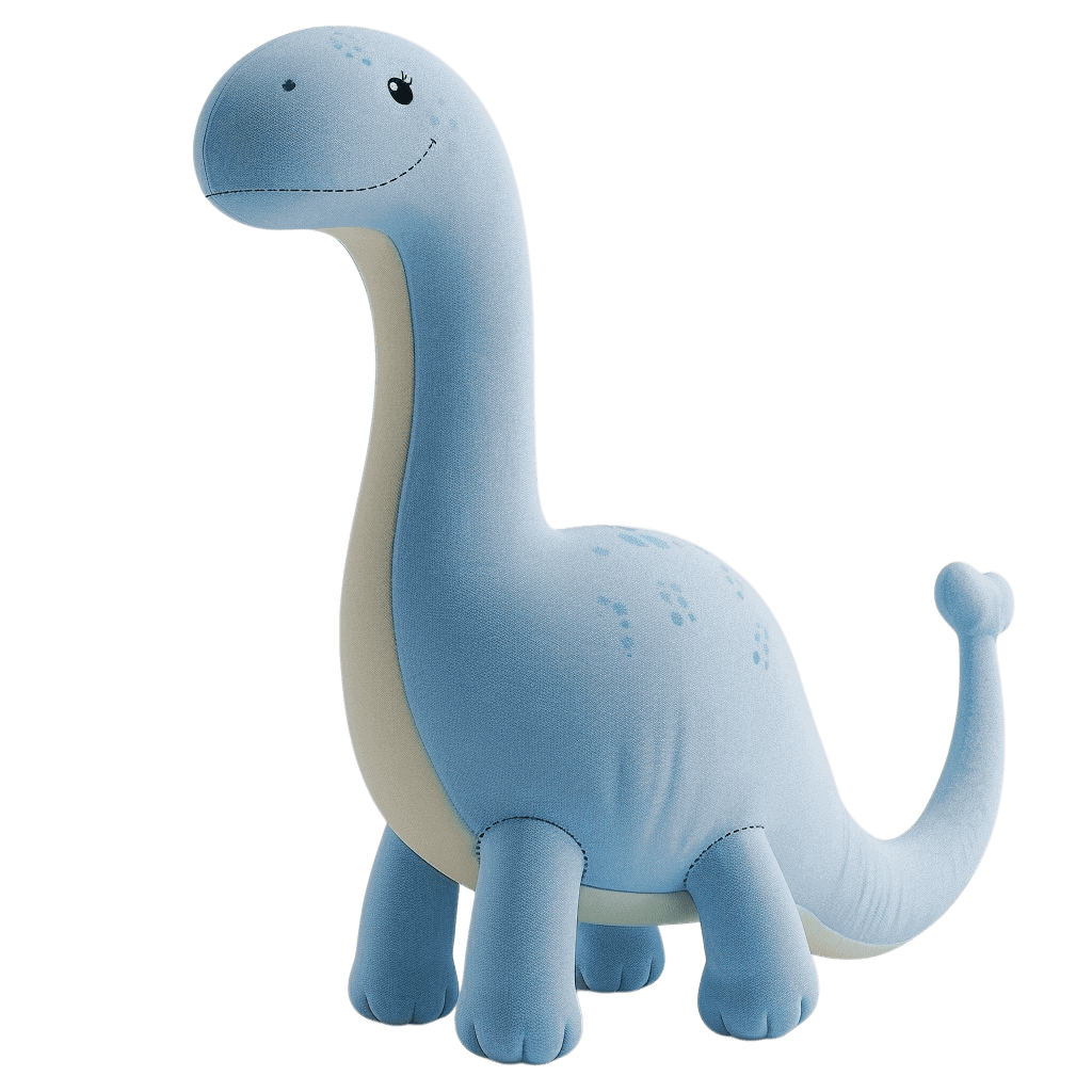  Мягкая игрушка в виде голубого, улыбающегося динозавтра с длинной шеей