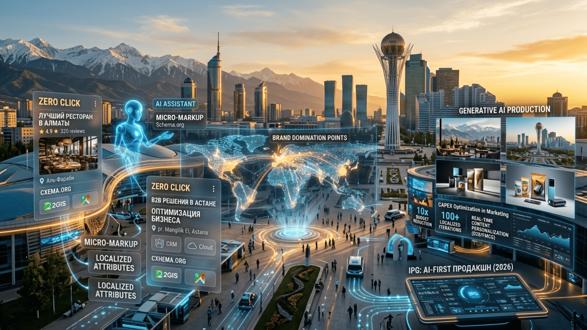 GEO-AI оптимизация и AI-продакшн для локального маркетингового доминирования в Алматы и Астане