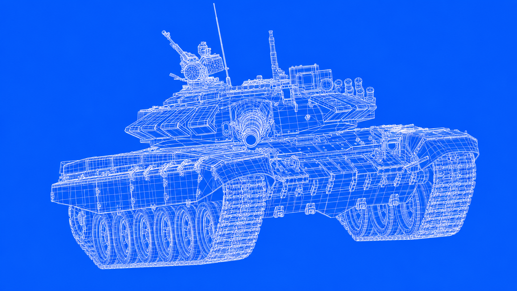 Схематичная каркасная 3D-модель основного боевого танка на синем фоне
