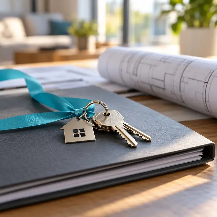 House keys on a folder of handover documents