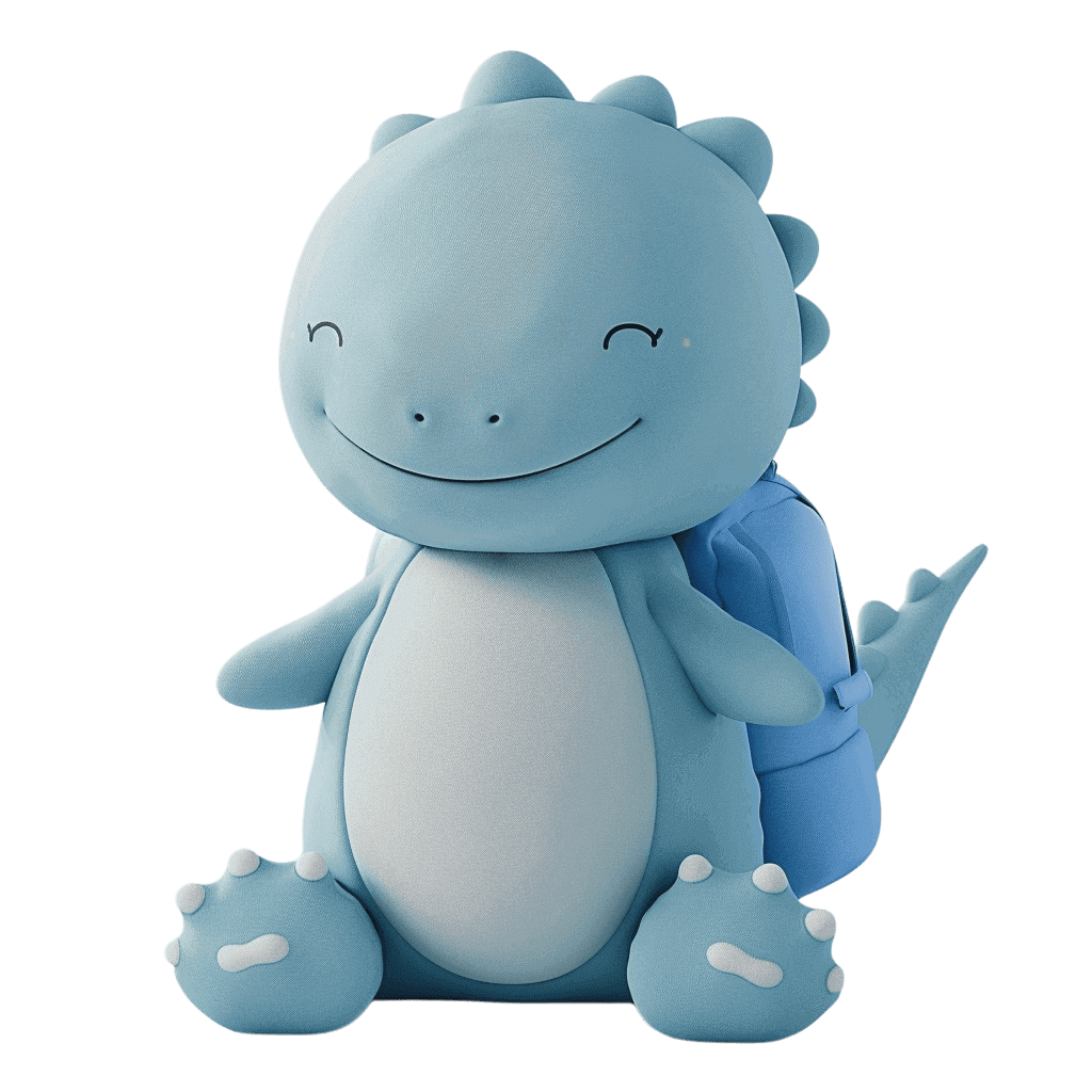 Милая мягкая игрушка в виде голубого дизавра, который сидит с синим школьным рюкзаком за спиной 