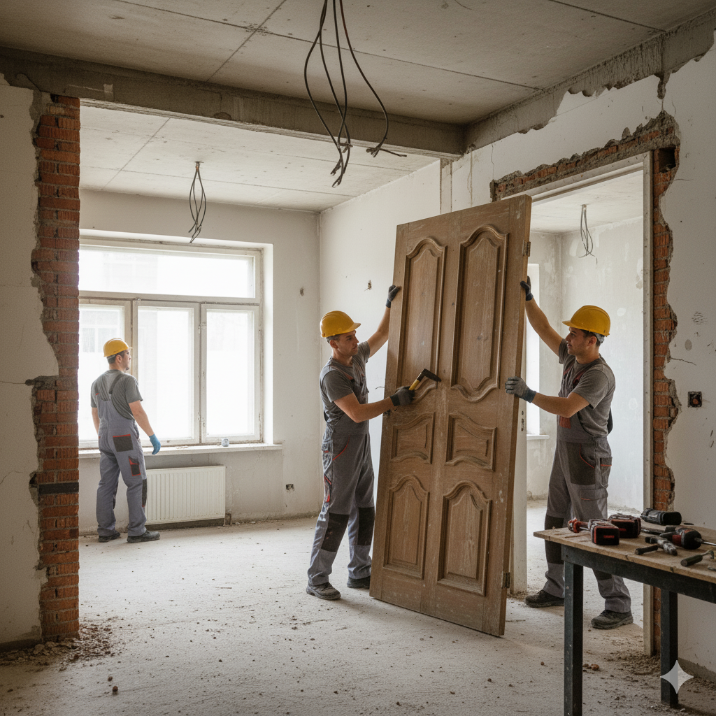 Аккуратный демонтаж старой входной двери в квартире в Алматы