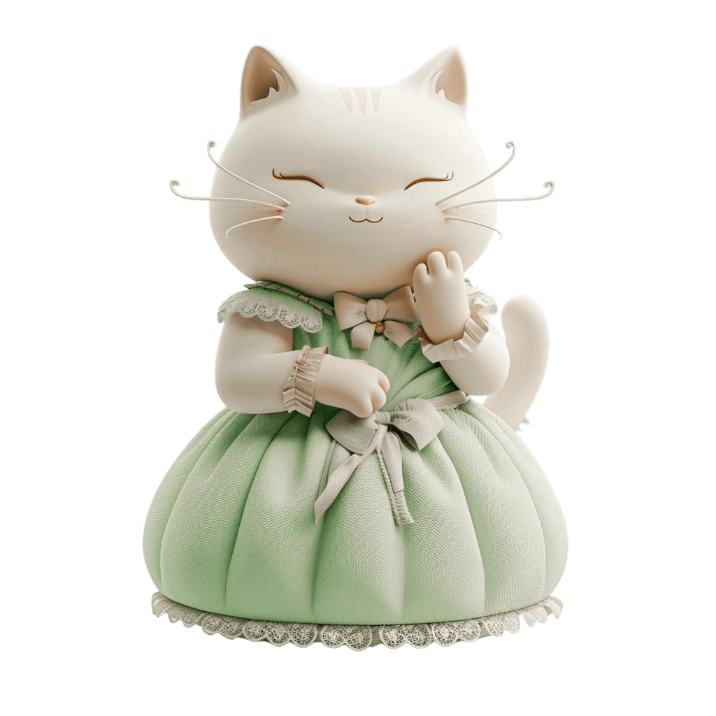 Мягкая игрушка в виде белой кошечки в пышном зеленом бальном платье