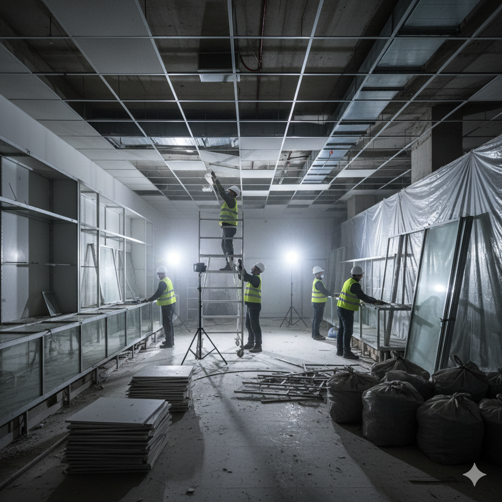 Демонтаж потолка Армстронг в торговом зале