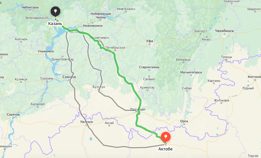 Грузоперевозки из Актобе в Казань