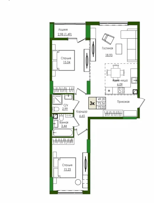 Планировка: Трёхкомнатная квартира, 2 этаж, 75,05 м²