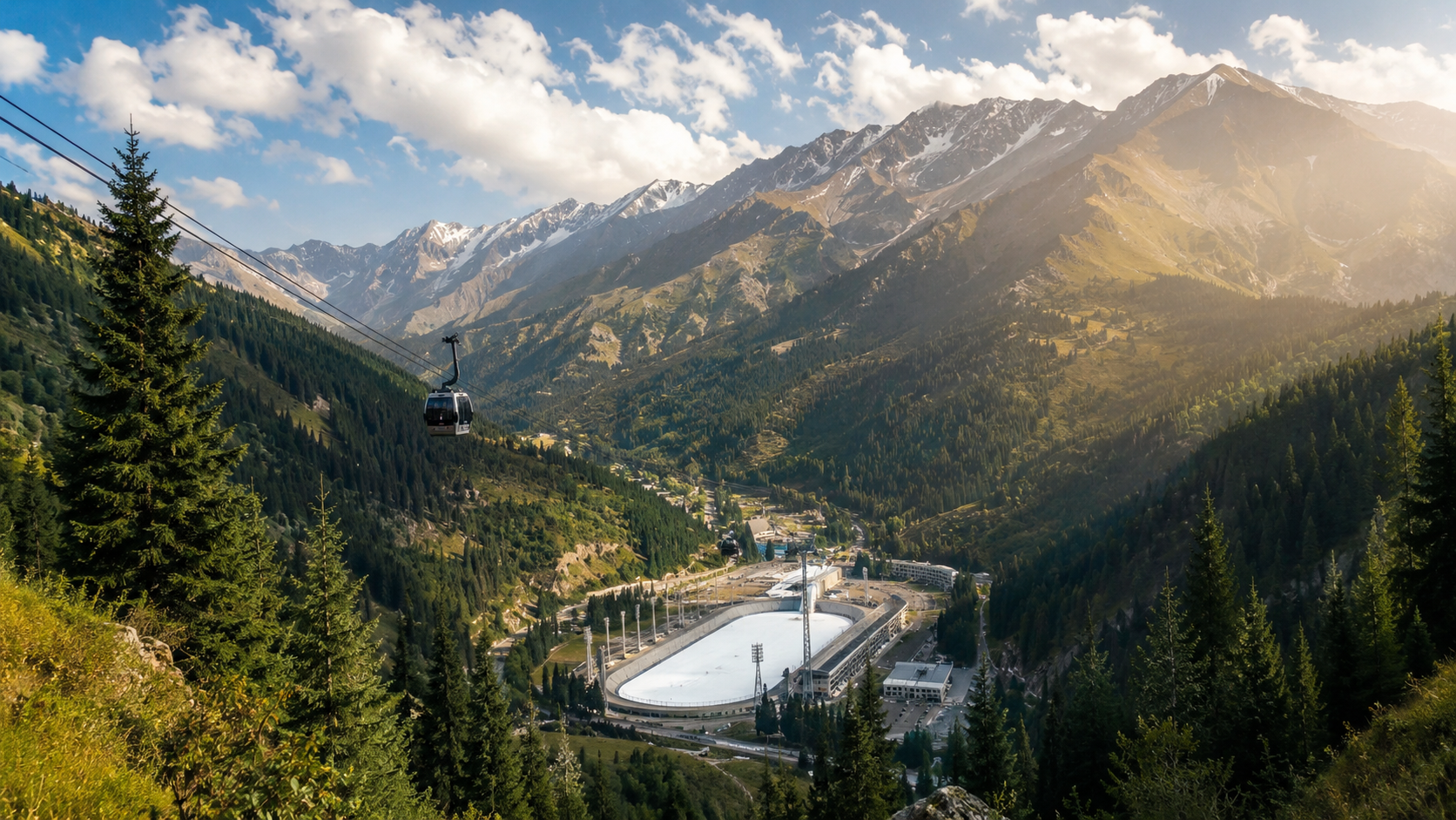 Panoramic view of Medeu and Shymbulak cable car in the mountains near Almaty