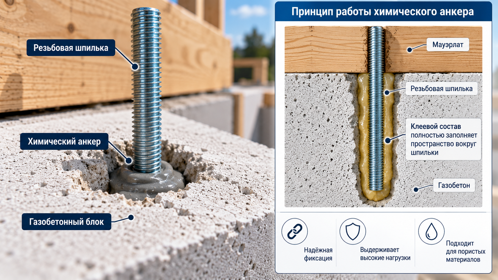Химический анкер в газобетонном блоке