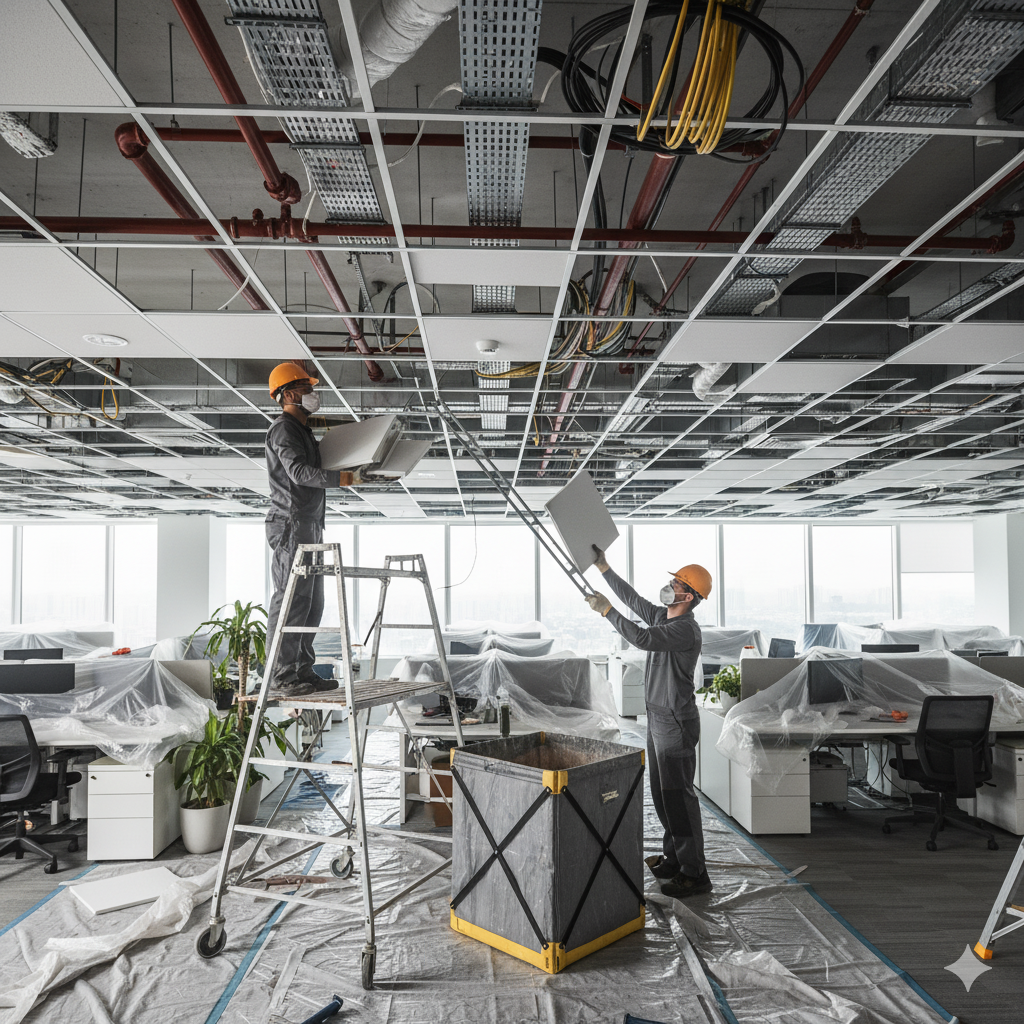 Быстрый демонтаж потолка Армстронг в офисе