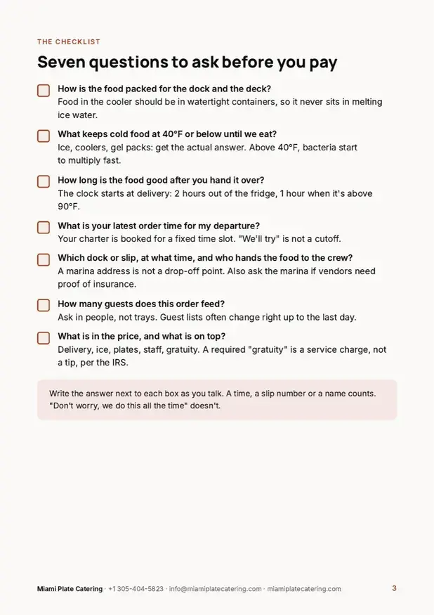 Page from the yacht catering checklist: seven questions to ask before you pay