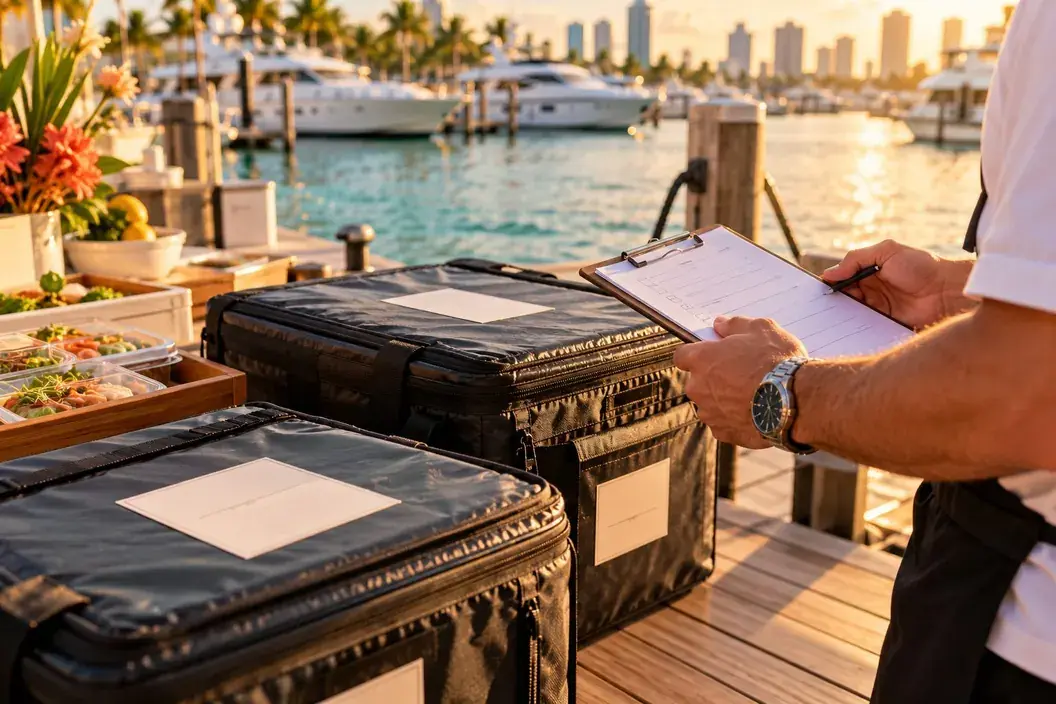 Sealed thermal food boxes on the dock, checked against the handover list before the yacht sails