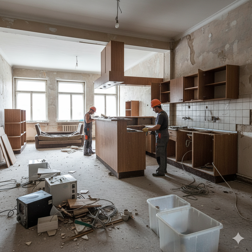 Демонтаж кухонной зоны и общей зоны в хостеле