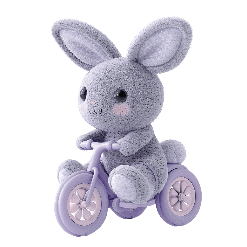 Милая плюшевая игрушка в виде зайчика, который едет на фиолетовом велосипеде