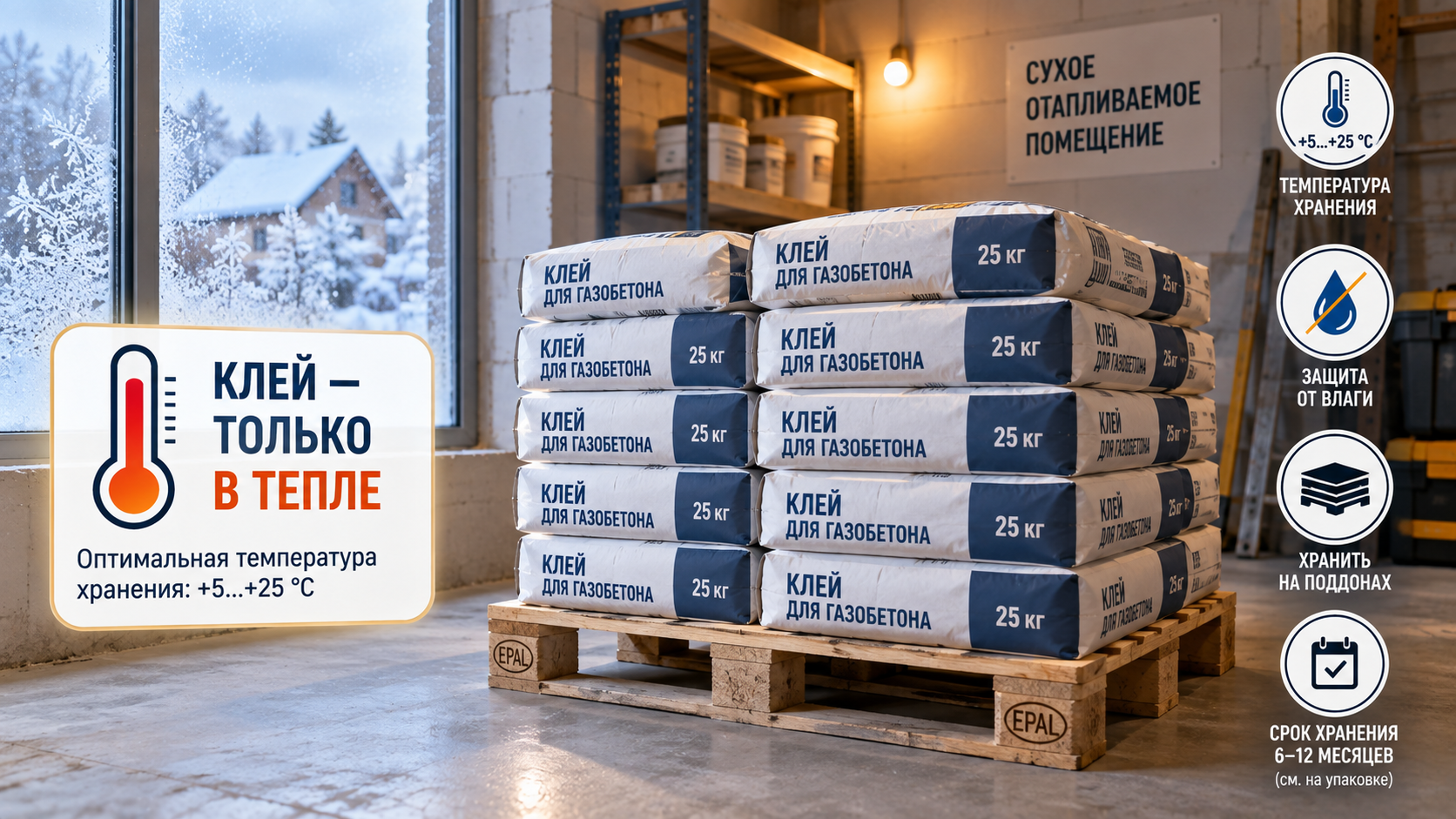 Хранение мешков с клеевой смесью для газобетона