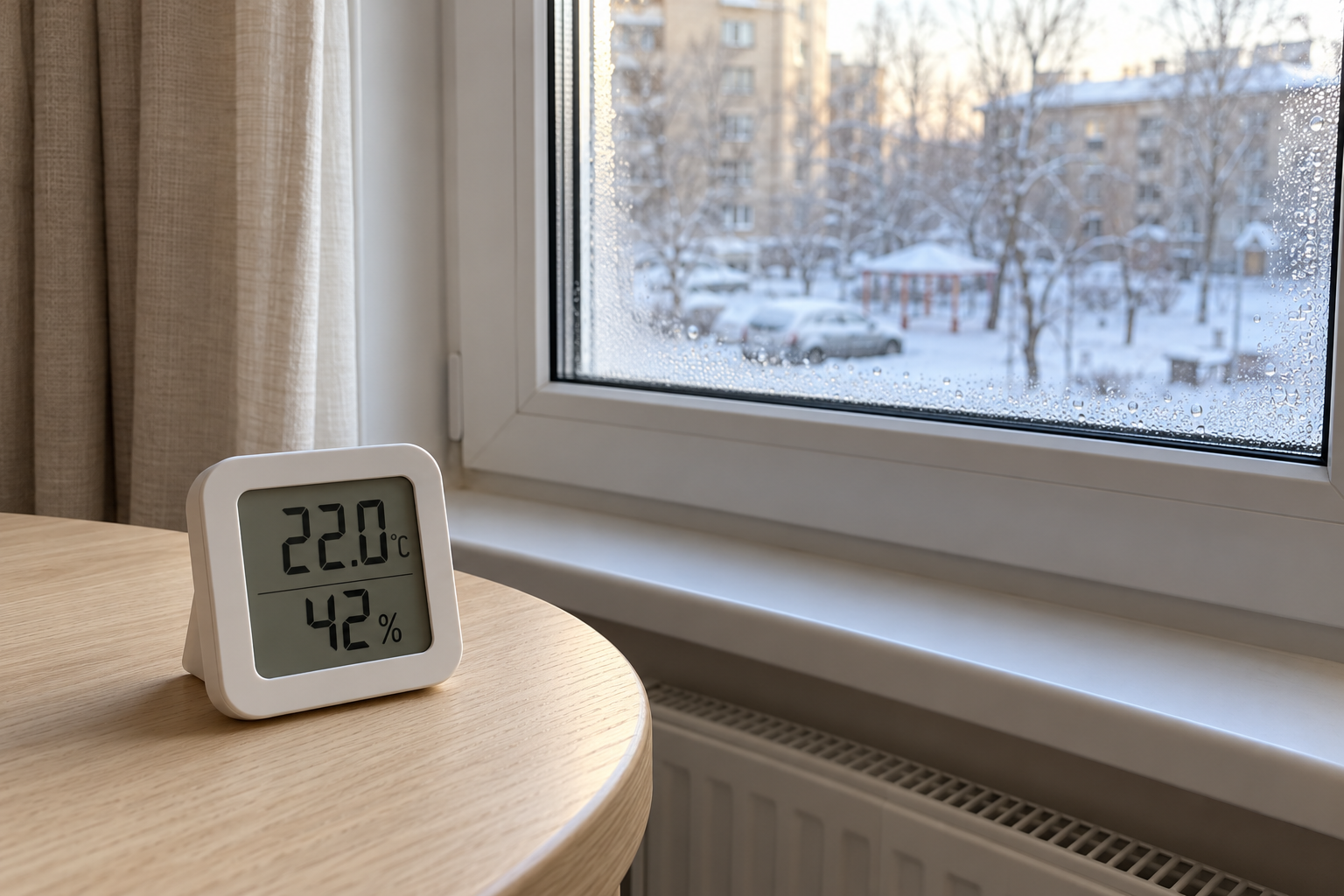 Гигрометр показывает температуру 22 °C и влажность 42% рядом с окном зимой
