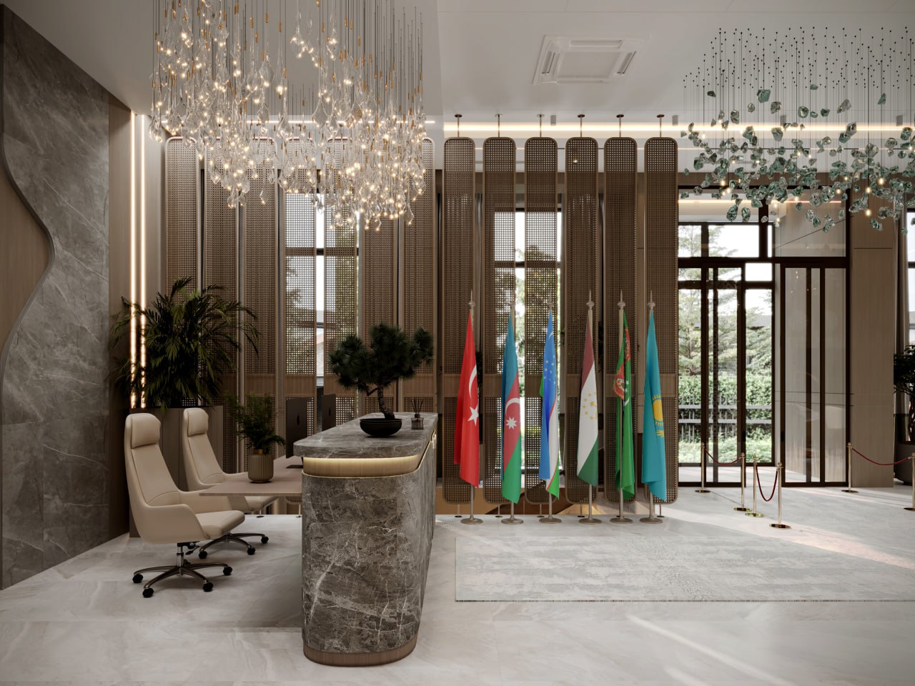Edelweiss Resort reception hall with flags of partner nations