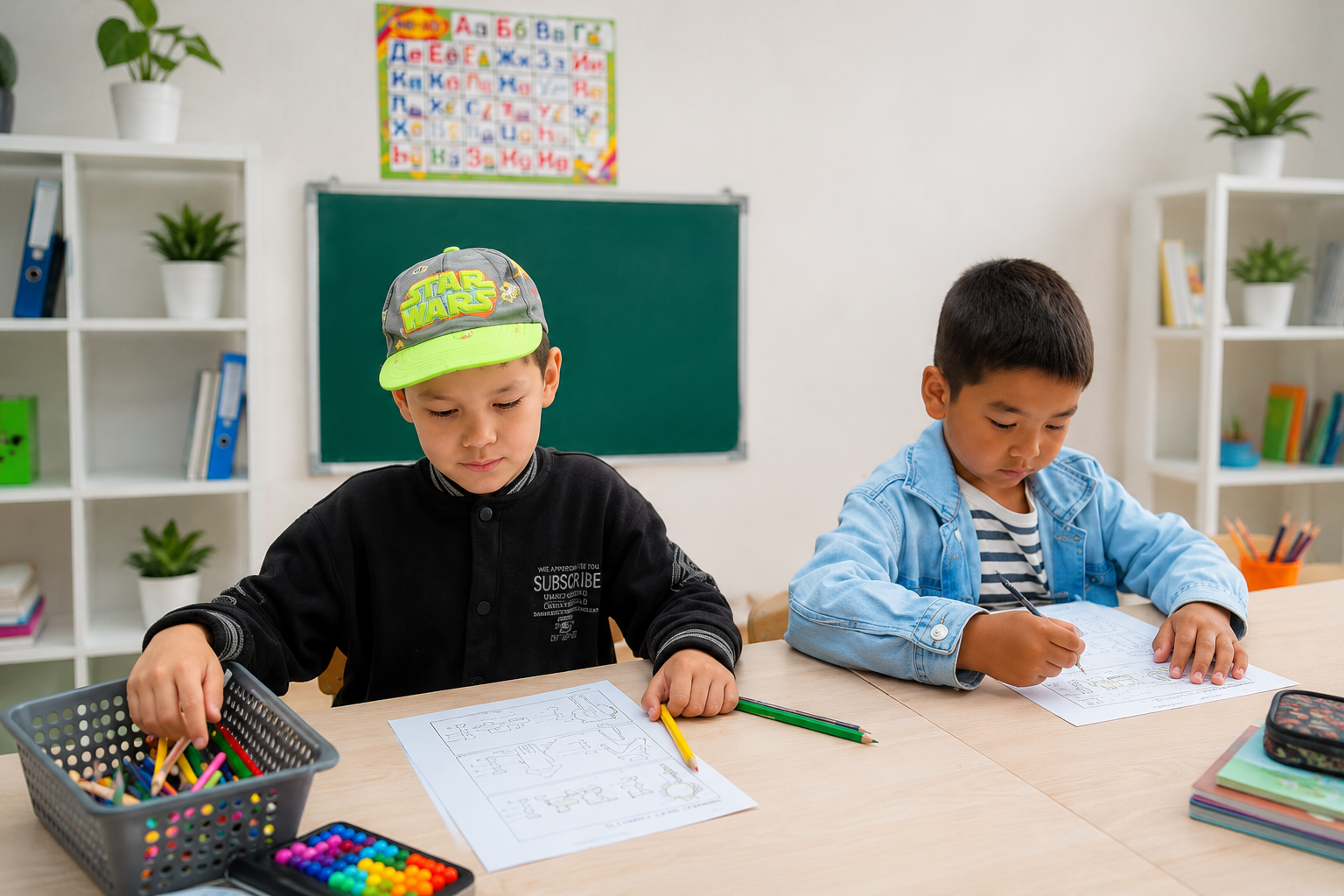 Ребёнок занимается с педагогом на подготовке к школе в центре Sigma kids в Алматы