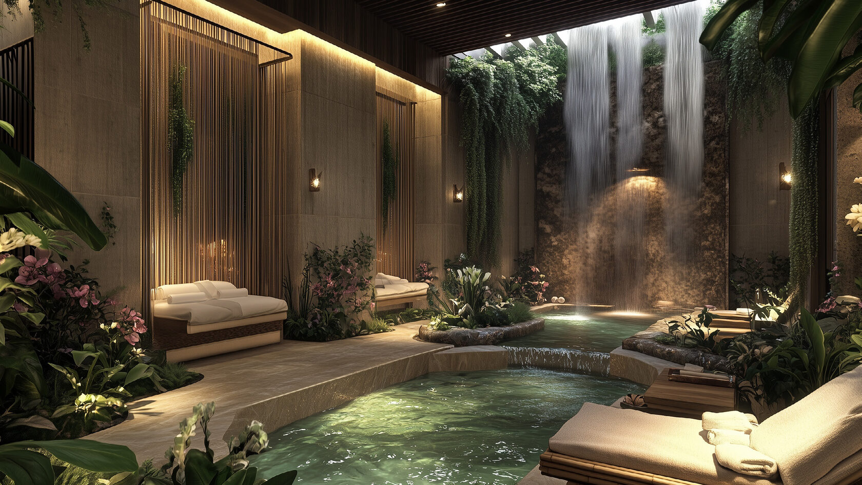 Indoor spa pool with waterfall feature at Azuria Wellness