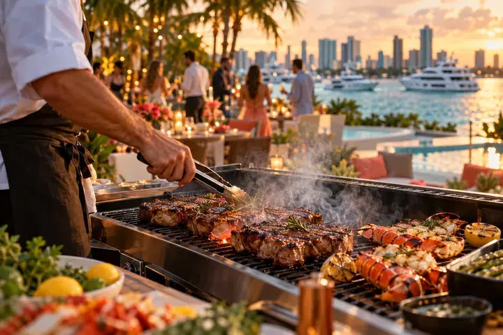 Private chef at an on-site BBQ grill: steaks and lobster tails for a party