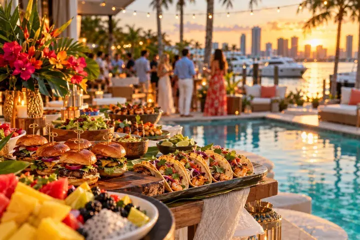 Home party catering: sliders, tacos and fruit by the pool in the backyard