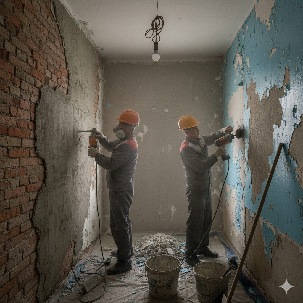 Удаление старой штукатурки и краски со стен ванной