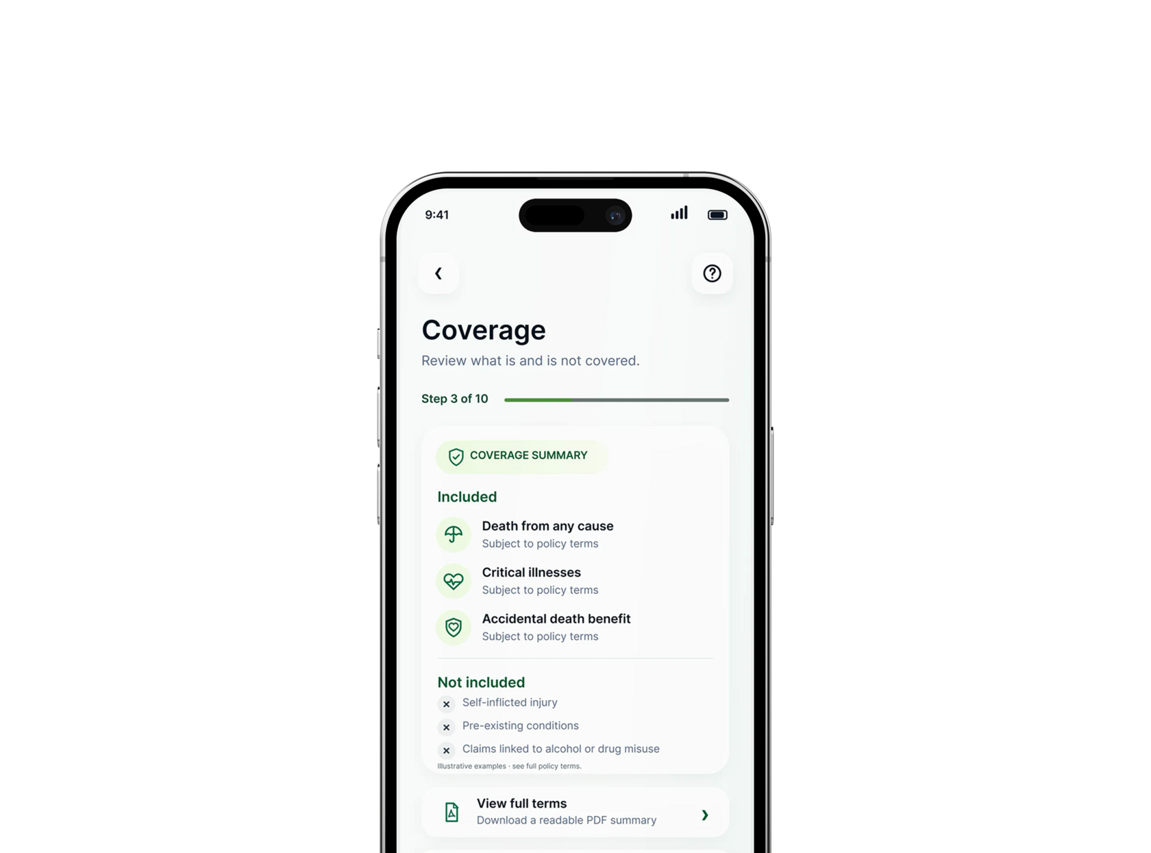 Coverage screen with exclusions visible in an iPhone mockup