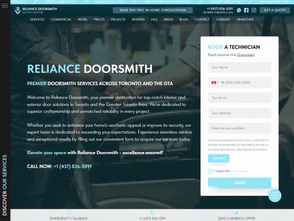 Animation de la page d’accueil de Reliance Doorsmith avec le formulaire de demande de technicien
