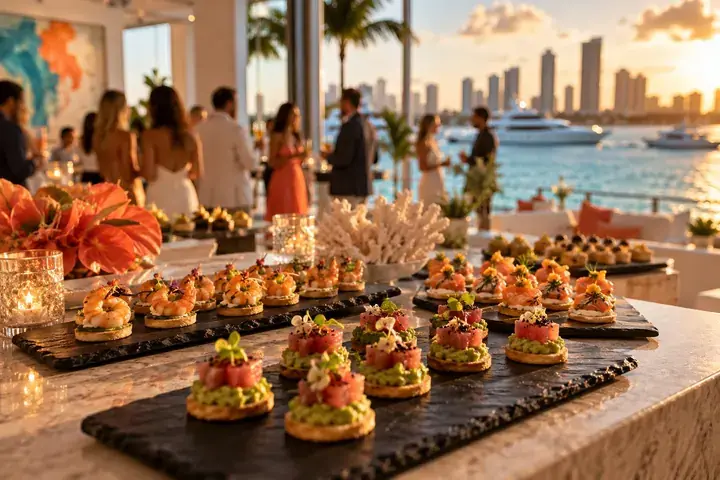 Catering for a brand event: canapés on slate boards, guests on a terrace over the bay