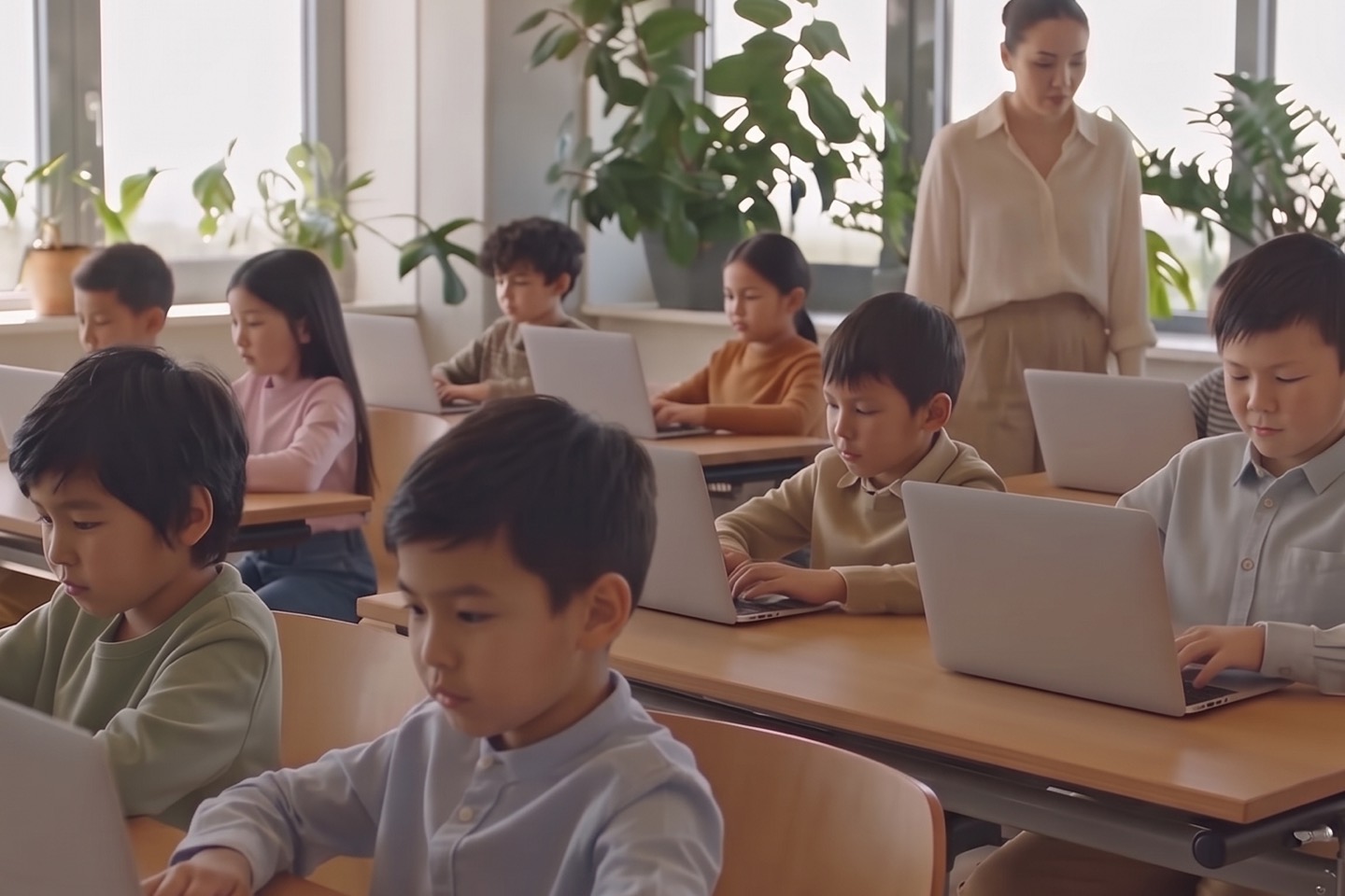 Занятие IT-факультатива: ученики за ноутбуками в светлом классе