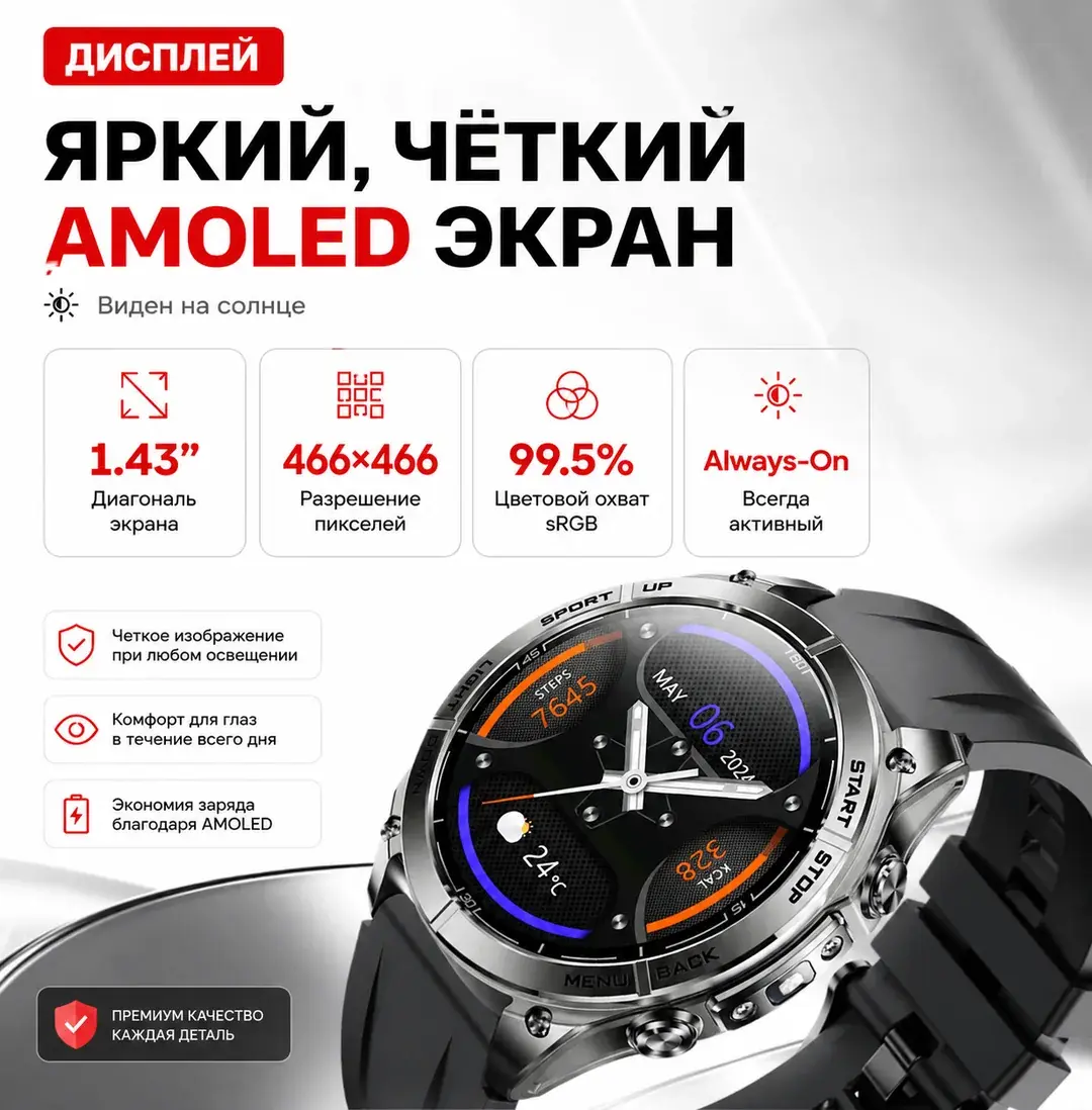 AMOLED-экран 1,43 дюйма, 466×466, Always-On