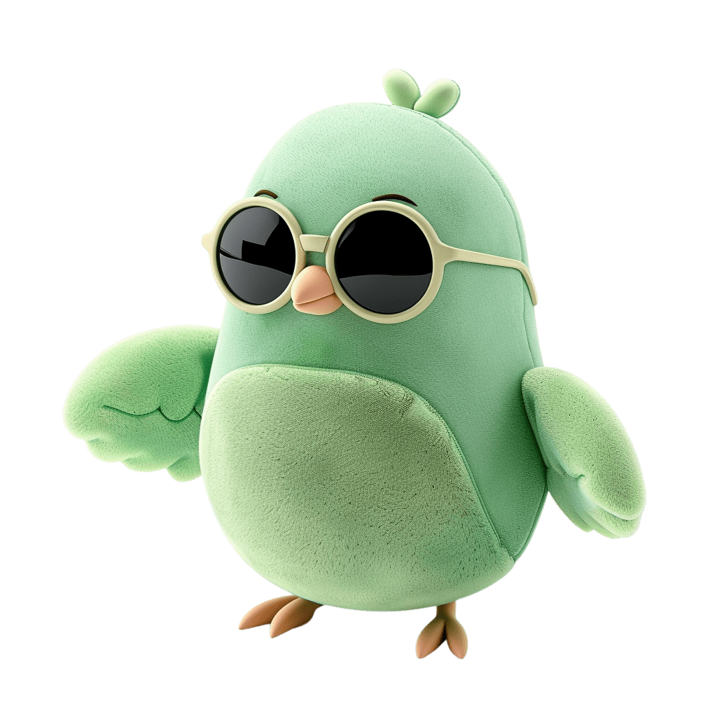 Мягкая игрушка в виде зеленой птички в солнечных очках