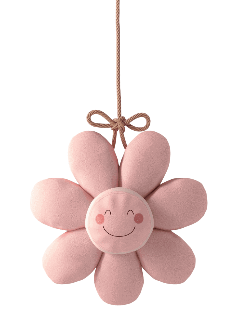 Қызғылт түсті жұмсақ ойыншық, күлімсіреп тұрған гүл түрінде, жіпке ілінген