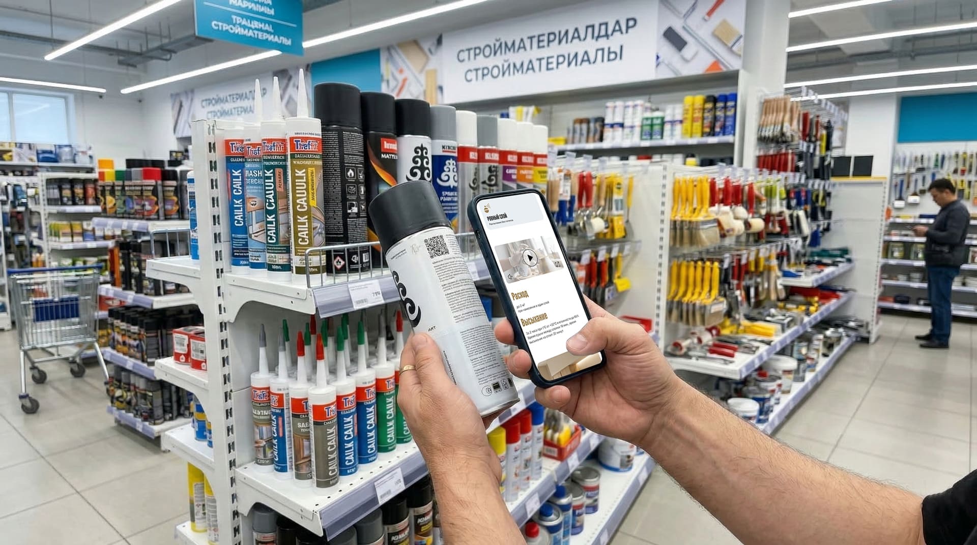 Сканирование QR-кода на упаковке аэрозольной краски RADUGA в магазине — карточка товара на смартфоне