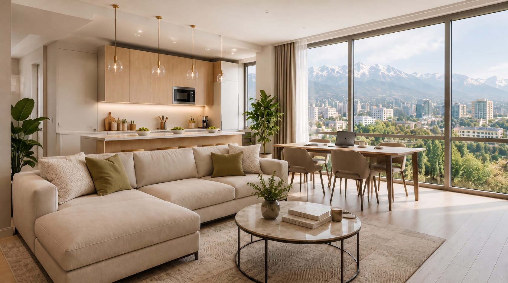 Светлые апартаменты CityLux в Алматы — гостиная, кухня и рабочая зона