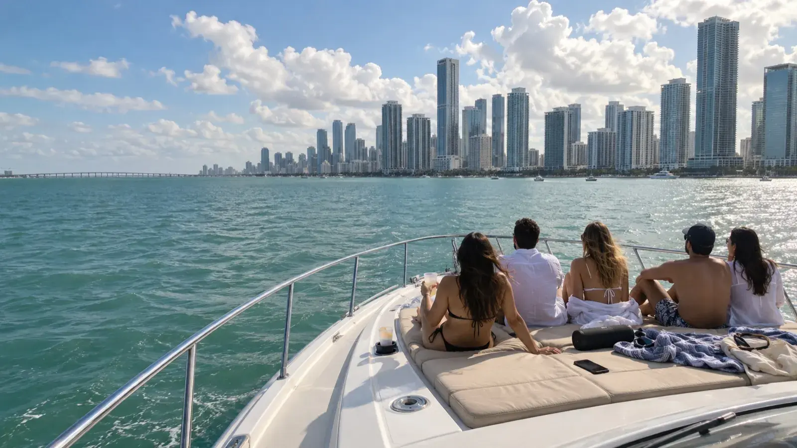 Friends on the bow of a private yacht rental in Miami at sunset with the downtown skyline